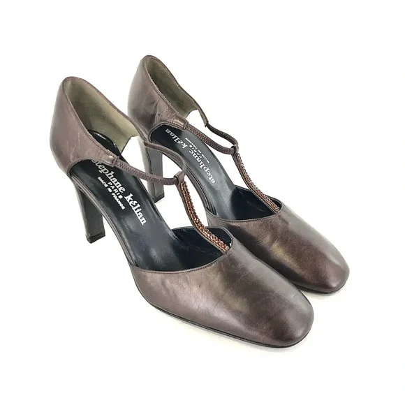 Stephane Kelian Bronze Leather Beaded T-Strap Heels - Picture 3 of 13
